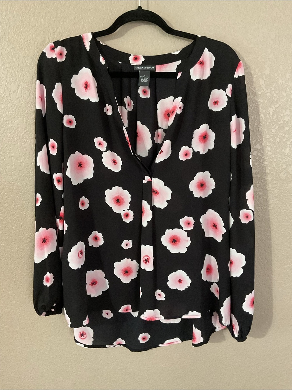 Chelsea & Theodore Black Floral V-Neck Blouse with Pink Flowers